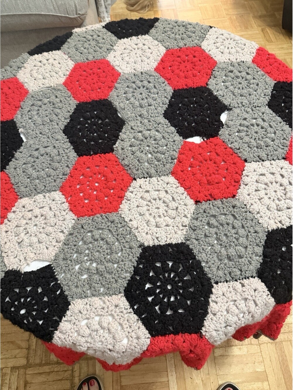 VTG Hand Crochet Octagon Granny Throw Blanket Afghan Retro Red, Gray, Black & Wh